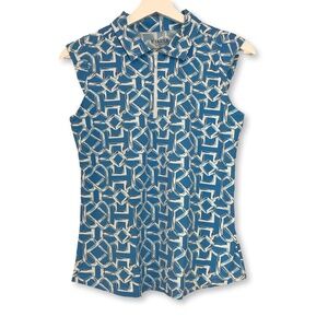 Icikuls Blue White Geometric Chain Link Sleeveless 1/4 Zip Golf Shirt Size M